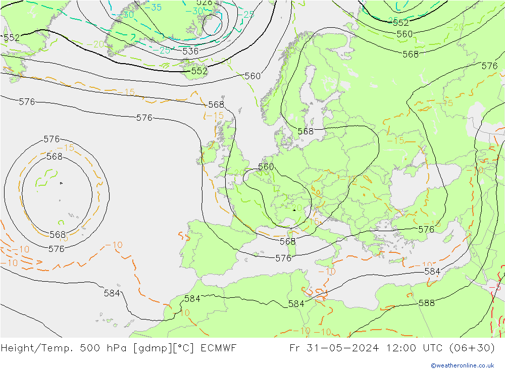 Z500/Regen(+SLP)/Z850 ECMWF vr 31.05.2024 12 UTC