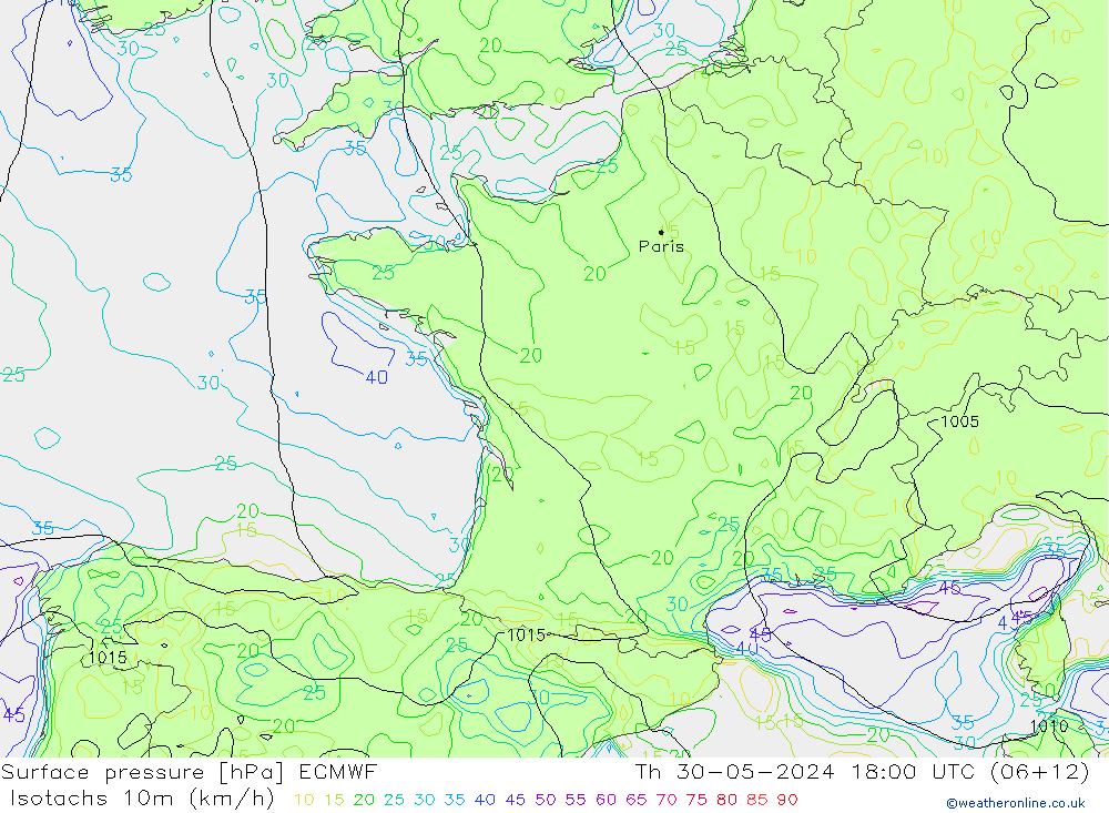 Isotachs (kph) ECMWF чт 30.05.2024 18 UTC