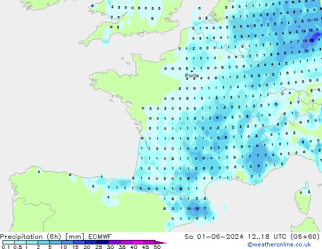 Precipitation (6h) ECMWF Sa 01.06.2024 18 UTC