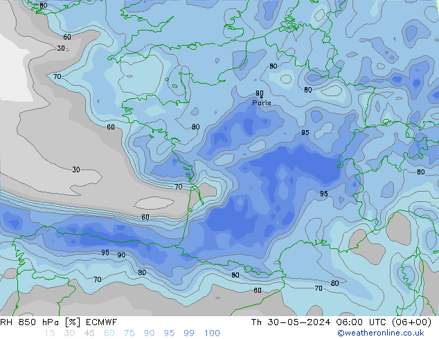 Humedad rel. 850hPa ECMWF jue 30.05.2024 06 UTC