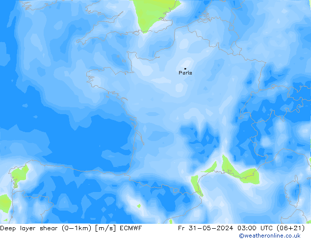 Deep layer shear (0-1km) ECMWF vie 31.05.2024 03 UTC