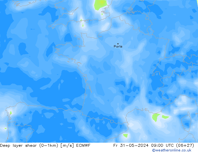 Deep layer shear (0-1km) ECMWF Fr 31.05.2024 09 UTC