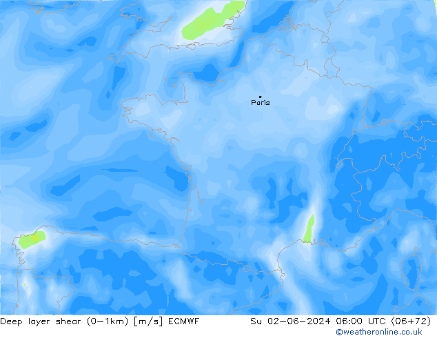 Deep layer shear (0-1km) ECMWF Вс 02.06.2024 06 UTC