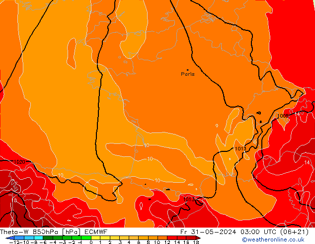 Theta-W 850hPa ECMWF Fr 31.05.2024 03 UTC