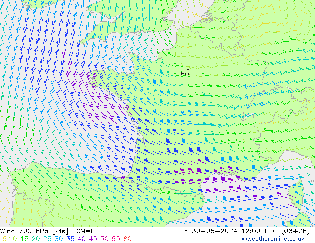 Wind 700 hPa ECMWF Th 30.05.2024 12 UTC