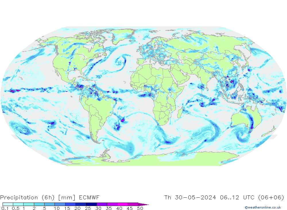 Totale neerslag (6h) ECMWF do 30.05.2024 12 UTC