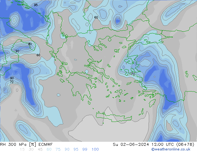 RH 300 hPa ECMWF Su 02.06.2024 12 UTC