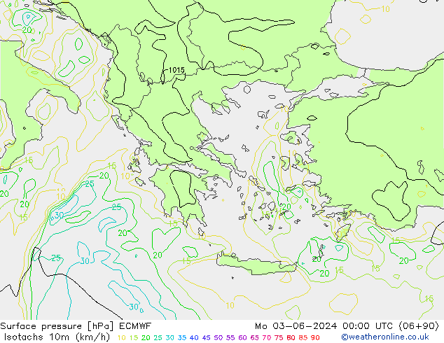 Isotachs (kph) ECMWF Mo 03.06.2024 00 UTC