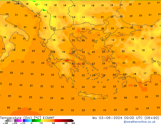 mapa temperatury (2m) ECMWF pon. 03.06.2024 00 UTC