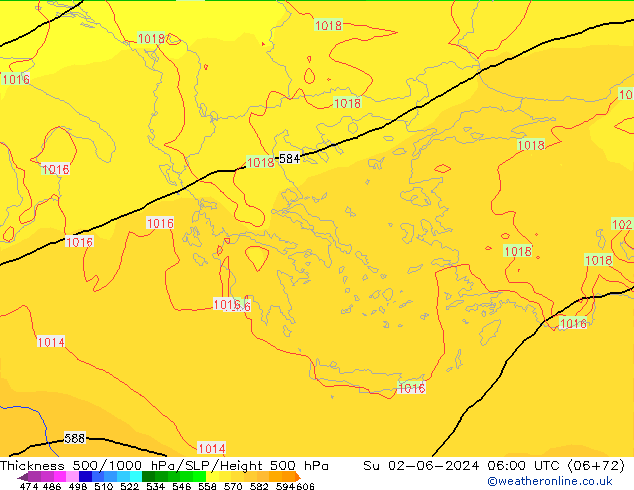 Espesor 500-1000 hPa ECMWF dom 02.06.2024 06 UTC