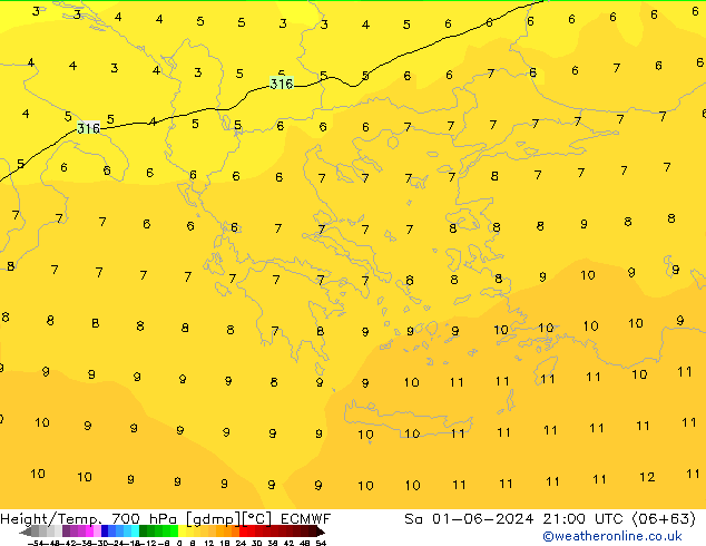 Height/Temp. 700 hPa ECMWF Sáb 01.06.2024 21 UTC