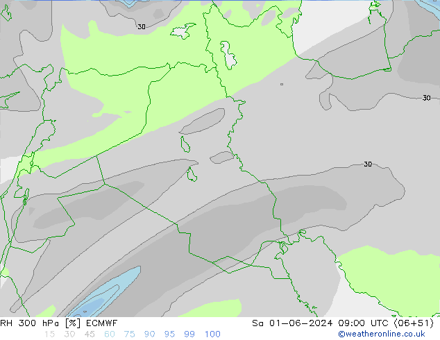 RH 300 hPa ECMWF Sa 01.06.2024 09 UTC