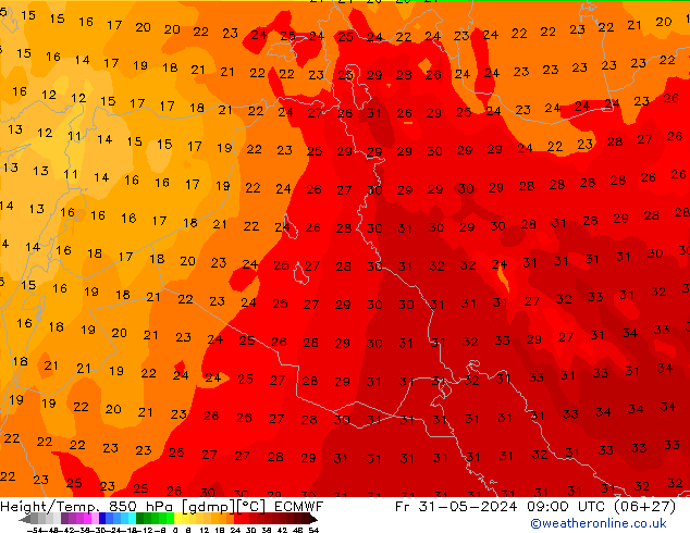 Géop./Temp. 850 hPa ECMWF ven 31.05.2024 09 UTC