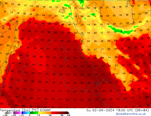 Temperatuurkaart (2m) ECMWF zo 02.06.2024 18 UTC