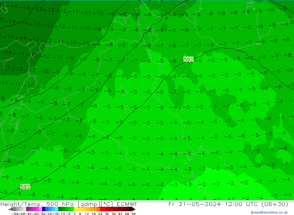 Z500/Rain (+SLP)/Z850 ECMWF Fr 31.05.2024 12 UTC