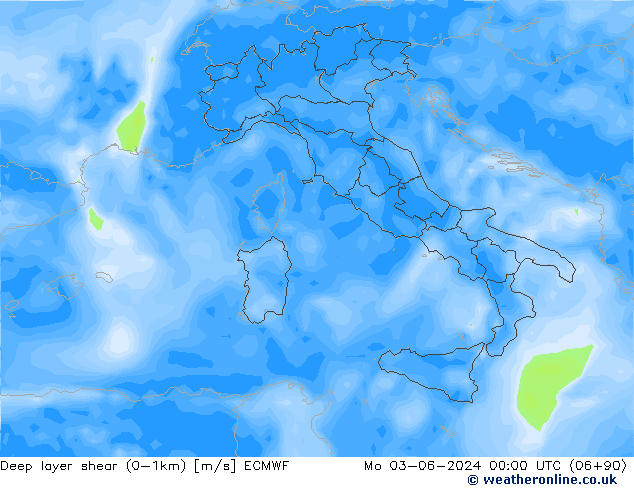 Deep layer shear (0-1km) ECMWF Mo 03.06.2024 00 UTC