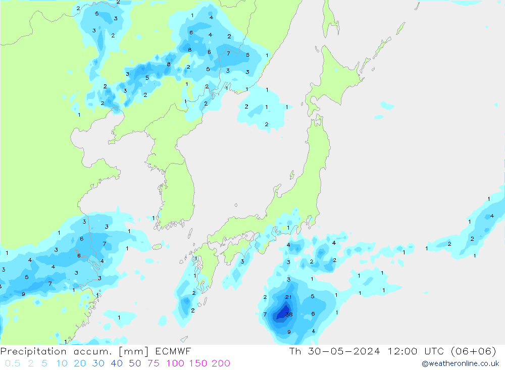 Precipitation accum. ECMWF czw. 30.05.2024 12 UTC