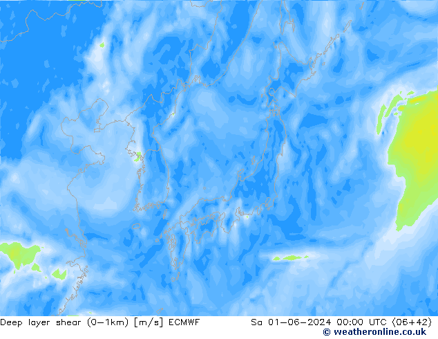 Deep layer shear (0-1km) ECMWF sab 01.06.2024 00 UTC