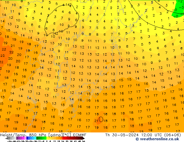 Z500/Rain (+SLP)/Z850 ECMWF Th 30.05.2024 12 UTC