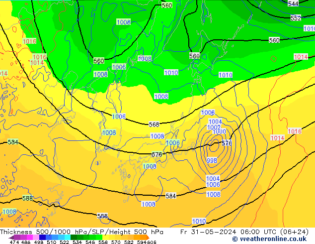 Espesor 500-1000 hPa ECMWF vie 31.05.2024 06 UTC