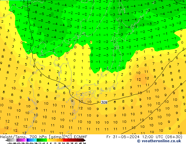 Height/Temp. 700 hPa ECMWF Pá 31.05.2024 12 UTC