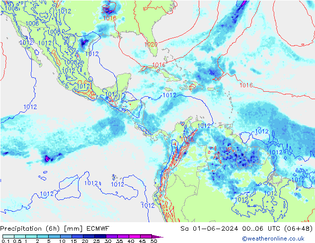 Precipitation (6h) ECMWF Sa 01.06.2024 06 UTC