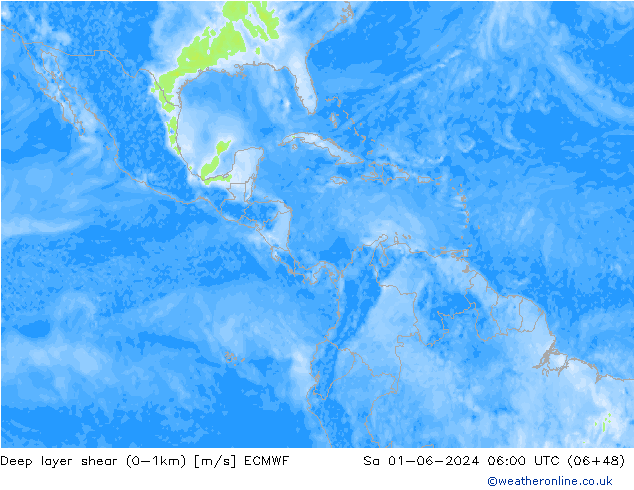 Deep layer shear (0-1km) ECMWF sáb 01.06.2024 06 UTC