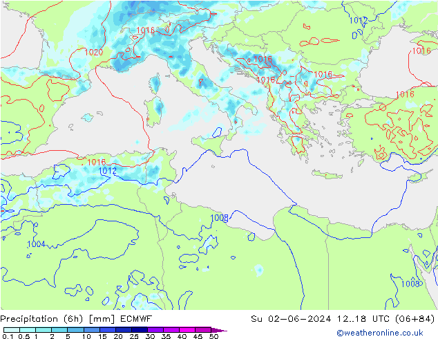 Precipitation (6h) ECMWF Su 02.06.2024 18 UTC