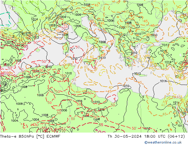 Theta-e 850hPa ECMWF Per 30.05.2024 18 UTC