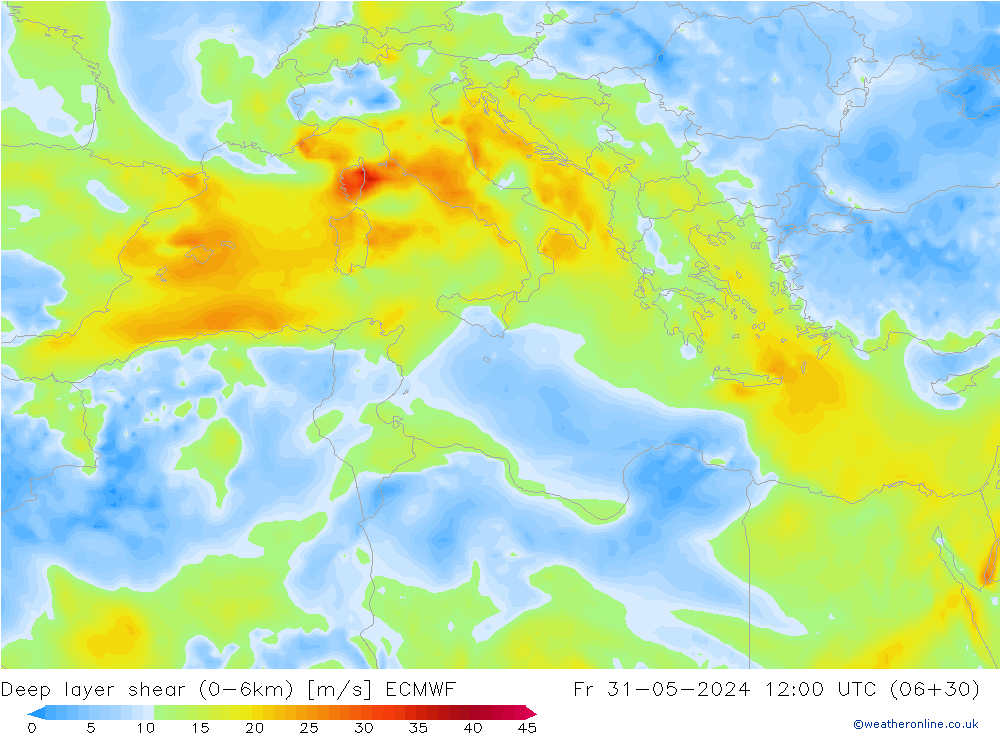 Deep layer shear (0-6km) ECMWF pt. 31.05.2024 12 UTC