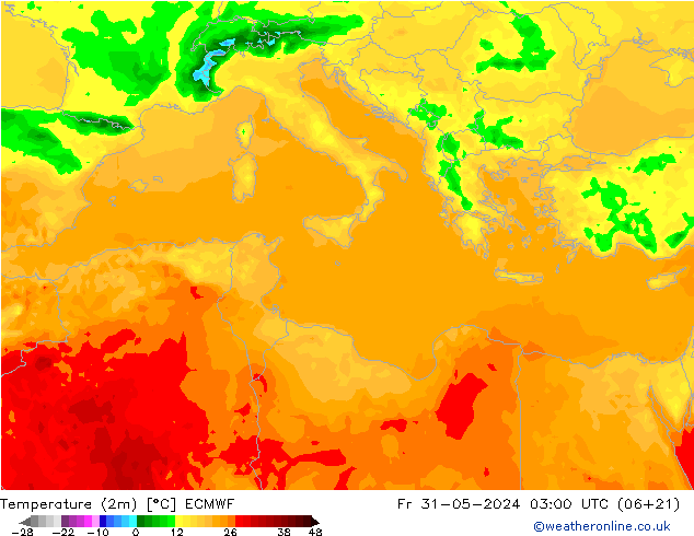 Temperatuurkaart (2m) ECMWF vr 31.05.2024 03 UTC