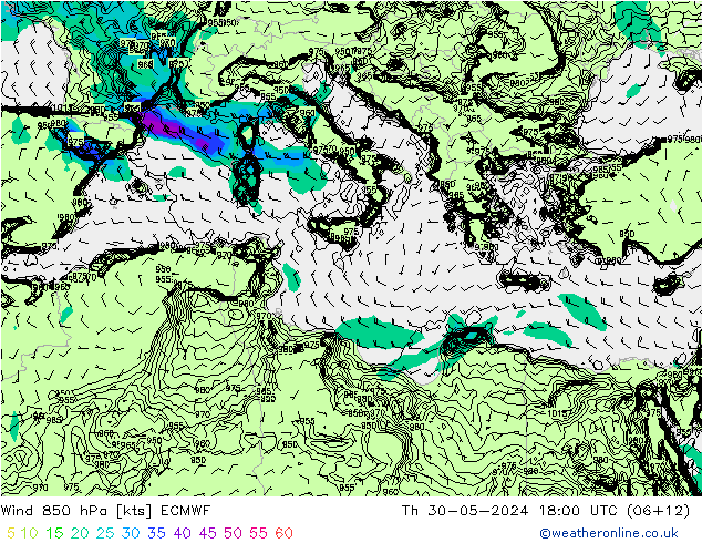 wiatr 850 hPa ECMWF czw. 30.05.2024 18 UTC