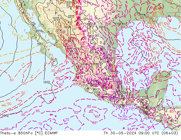 Theta-e 850hPa ECMWF jue 30.05.2024 09 UTC