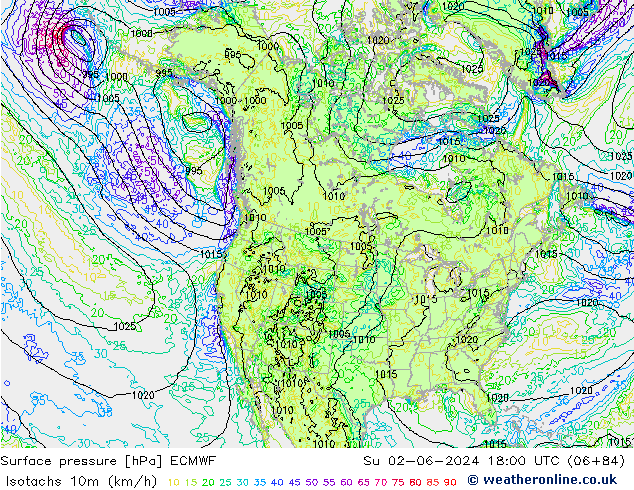 Eşrüzgar Hızları (km/sa) ECMWF Paz 02.06.2024 18 UTC