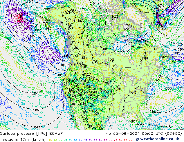 Isotachs (kph) ECMWF Mo 03.06.2024 00 UTC