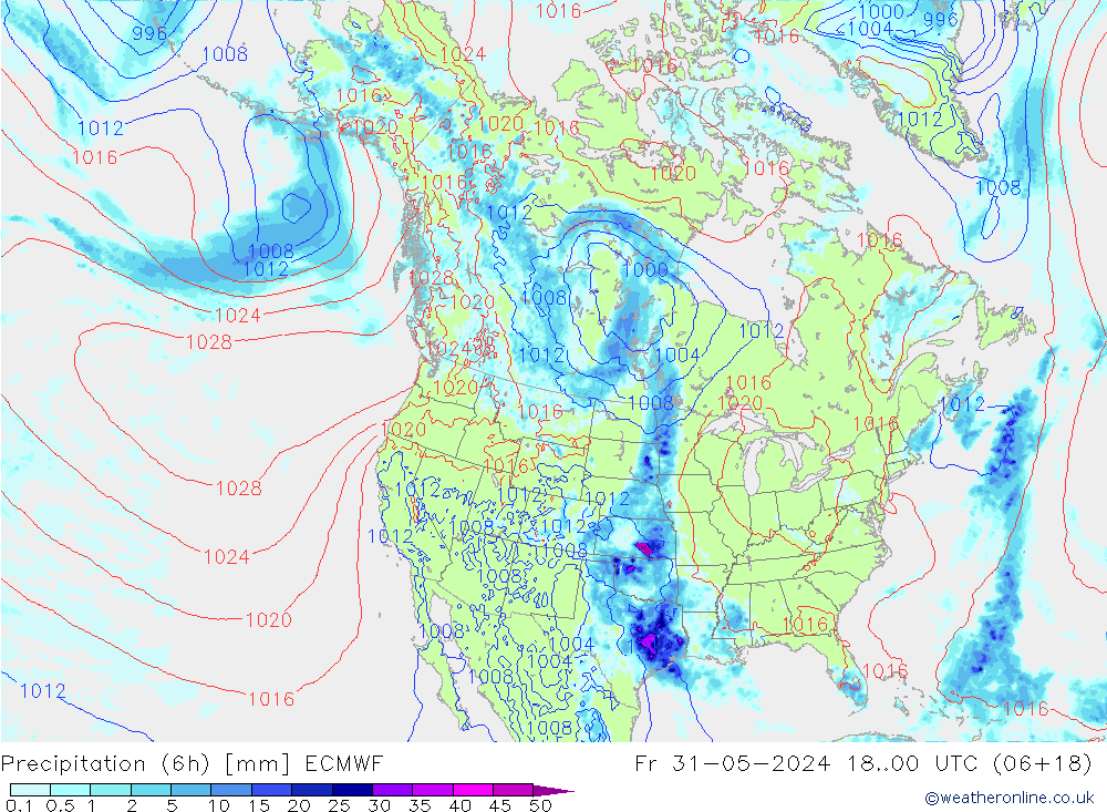 Totale neerslag (6h) ECMWF vr 31.05.2024 00 UTC