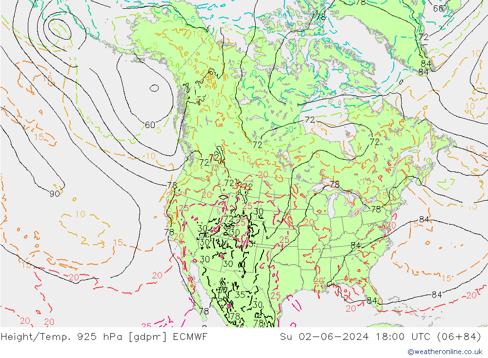 Height/Temp. 925 hPa ECMWF So 02.06.2024 18 UTC