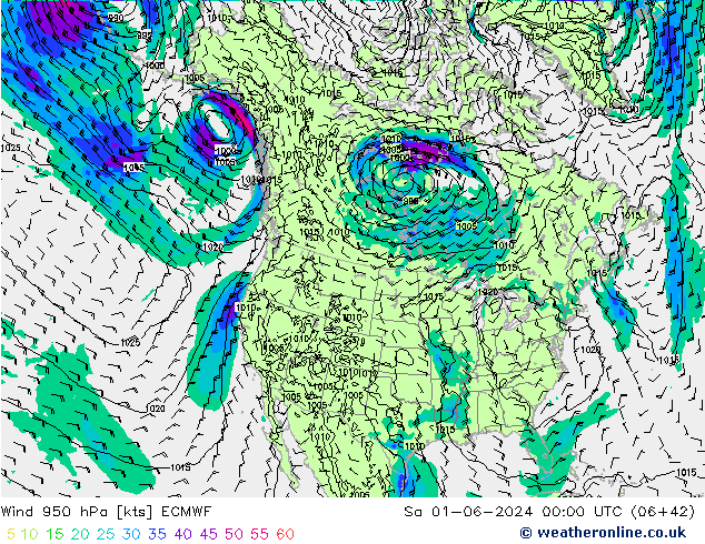 Vento 950 hPa ECMWF Sáb 01.06.2024 00 UTC