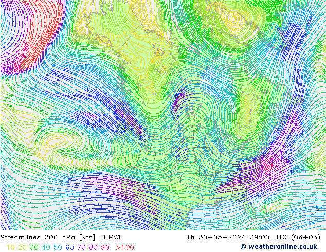 Linha de corrente 200 hPa ECMWF Qui 30.05.2024 09 UTC