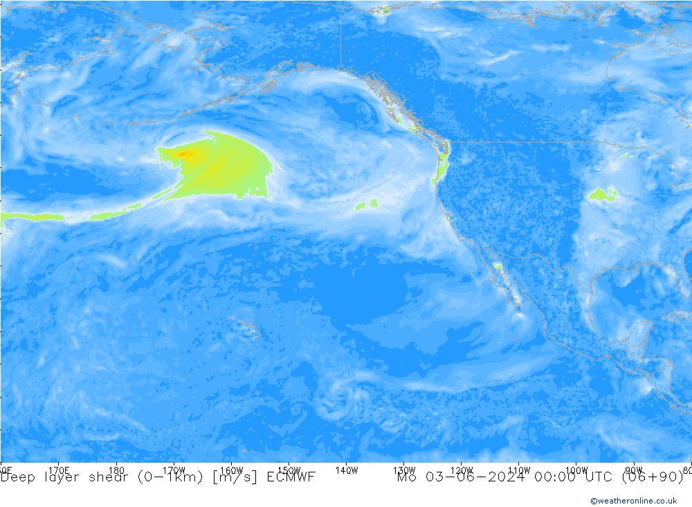 Deep layer shear (0-1km) ECMWF  03.06.2024 00 UTC