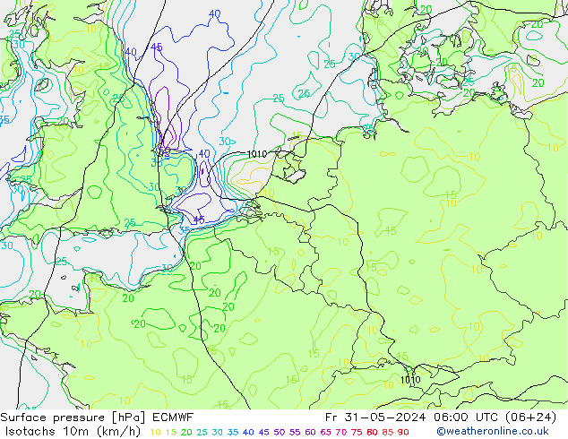 Isotachen (km/h) ECMWF Fr 31.05.2024 06 UTC
