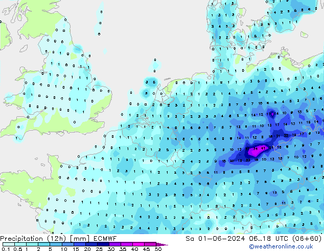 Totale neerslag (12h) ECMWF za 01.06.2024 18 UTC