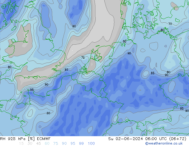 Humidité rel. 925 hPa ECMWF dim 02.06.2024 06 UTC