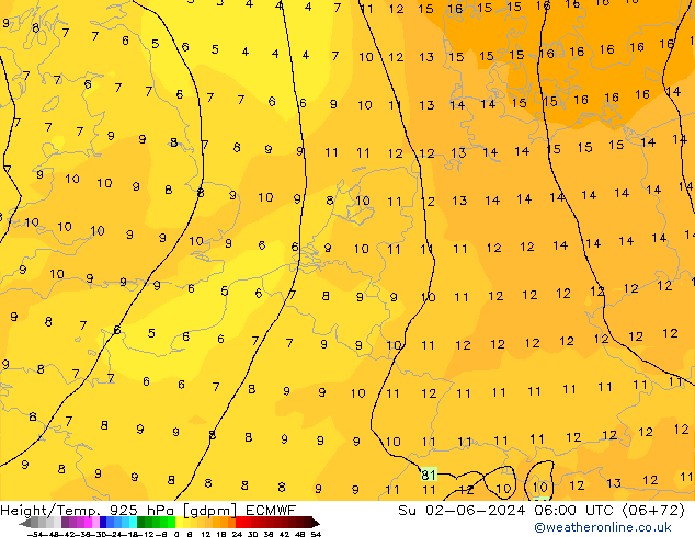 Height/Temp. 925 hPa ECMWF Dom 02.06.2024 06 UTC