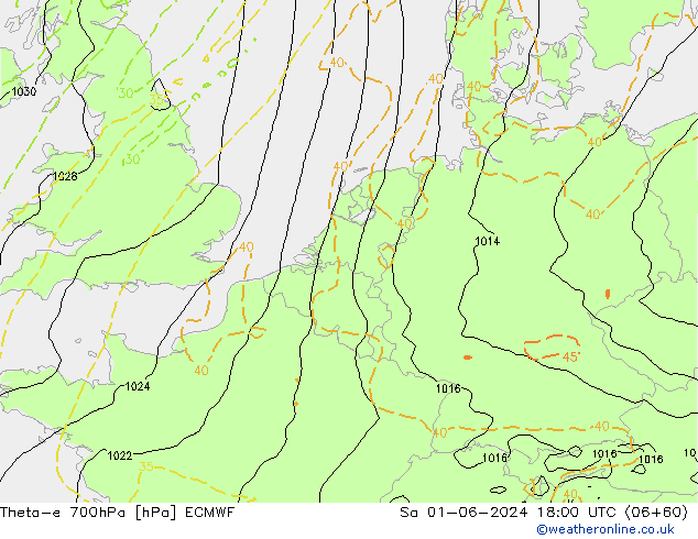 Theta-e 700hPa ECMWF Sáb 01.06.2024 18 UTC