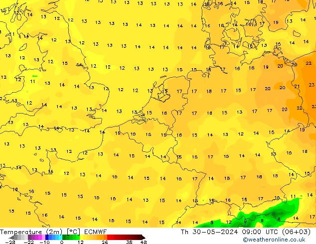 Temperaturkarte (2m) ECMWF Do 30.05.2024 09 UTC