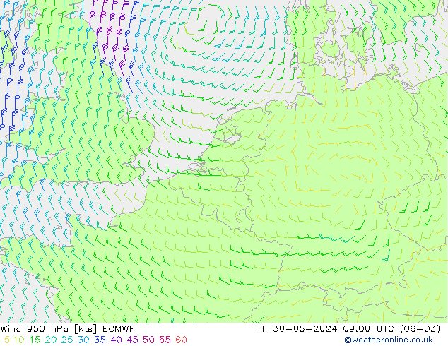 Wind 950 hPa ECMWF do 30.05.2024 09 UTC