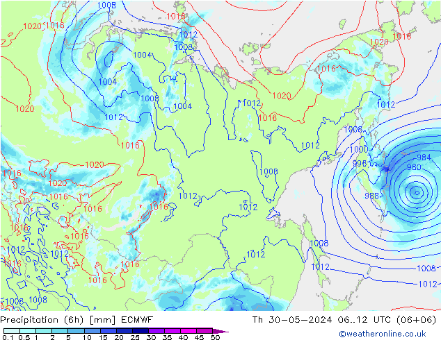Precipitation (6h) ECMWF Čt 30.05.2024 12 UTC