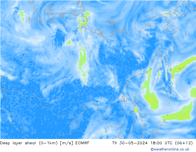 Deep layer shear (0-1km) ECMWF do 30.05.2024 18 UTC