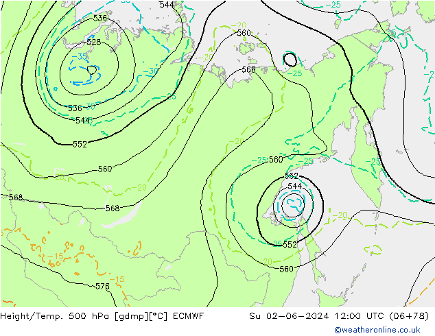 Z500/Rain (+SLP)/Z850 ECMWF Su 02.06.2024 12 UTC